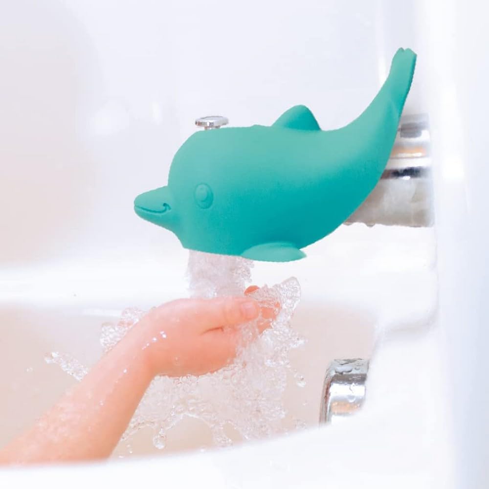 Nuby Bathtub Safety Spout Guard Dolphin front view provides gentle protection during baths