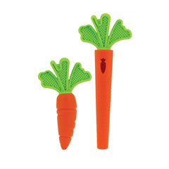 Nuby carrot tube teether close-up highlighting varied textures for gum massage
