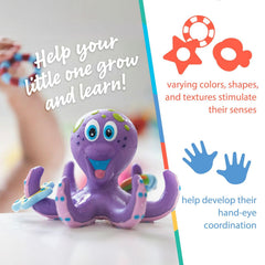 Nuby hoopla rings stacked on octopus arms to support fine motor play.