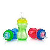 Nuby No-Spill Easy Grip Blue Cup with Soft Flex Straw for travel sipping.