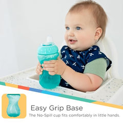 Nuby aqua no-spill cup showing mess-free use for car rides and snacks