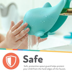 Nuby Spout guard easy install strap demonstrates quick securement on faucets