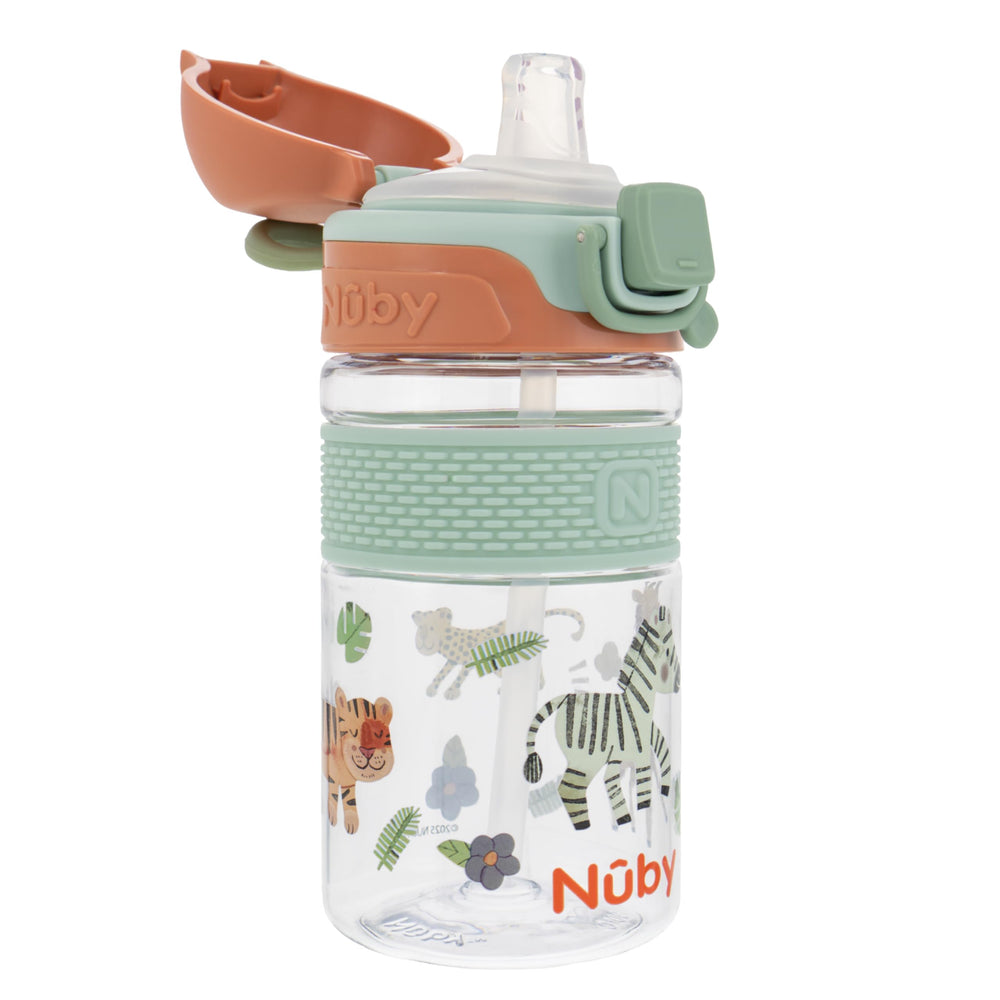 Nuby Thirsty Kids Flip-It Bolt cup with push-button locking for spill prevention.