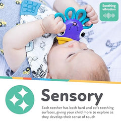 Nuby Vibe-eez octopus teether held by tiny hands encourages independent grasping.