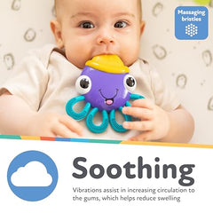 Nuby Vibe-eez teether texture close-up showcases varied surfaces for gum massage.