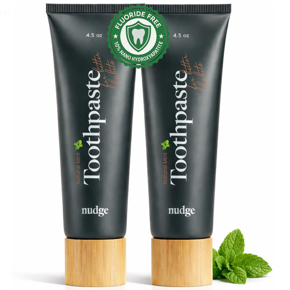 Nudge 10% nano hydroxyapatite toothpaste tube showing label for enamel-friendly care