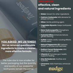Nudge enamel-friendly clean with brush near tube highlighting advanced formula