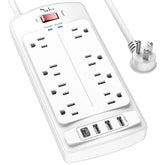 Nuetsa 6ft surge protector front view with eight outlets for tidy power.
