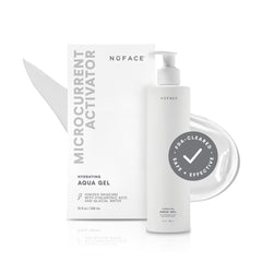 NuFACE Aqua Gel Activator bottle showing hydrating microcurrent gel for at home sessions