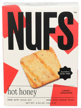 Nufs Hot Honey Crispy Crackers packaging showcases bold branding and snack-ready appeal.