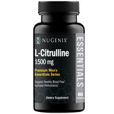 Nugenix Essentials L-Citrulline bottle and capsules showing the 1,500 mg per capsule dose for workouts.