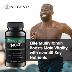Nugenix bottle side detail, emphasizing 19 vitamins and minerals