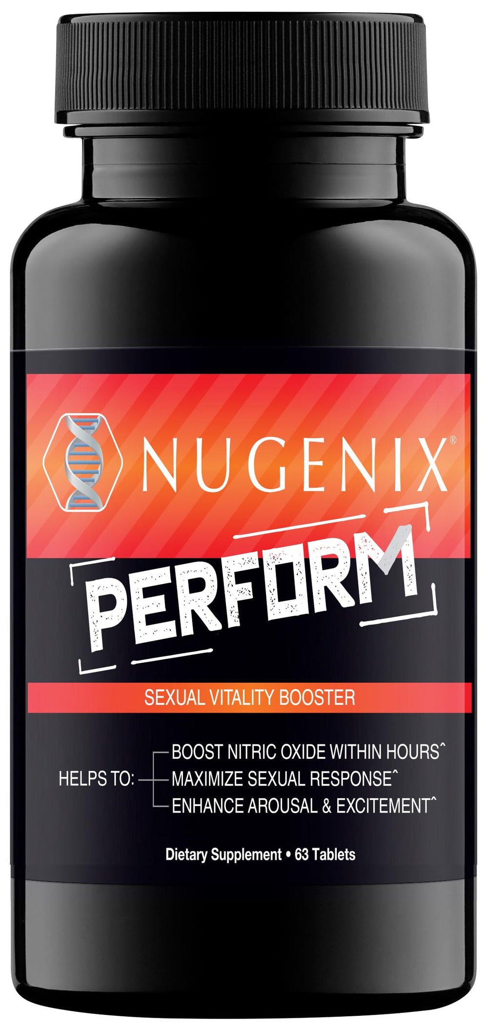 Nugenix Perform bottle close-up highlighting vitality ingredients for men.