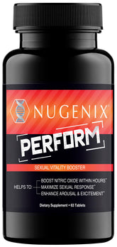 Nugenix Perform bottle close-up highlighting vitality ingredients for men.