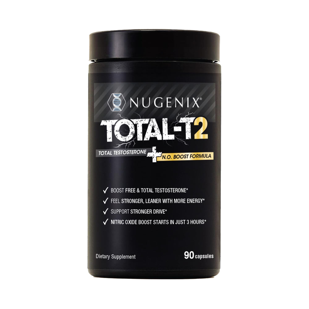 Nugenix Total-T2 bottle front with branding, suggesting daily energy support.
