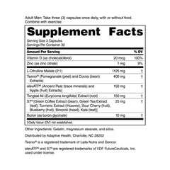 Nugenix Total-T2 label close-up highlighting Tesnor and ElevATP benefits.