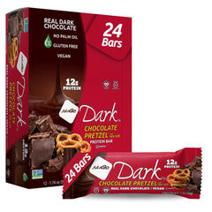 NuGo Dark Chocolate Pretzel with Sea Salt bar in packaging, indulgent flavor and protein