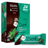 NuGo Dark Mint Chocolate Chip bar unwrapped with real dark chocolate coating