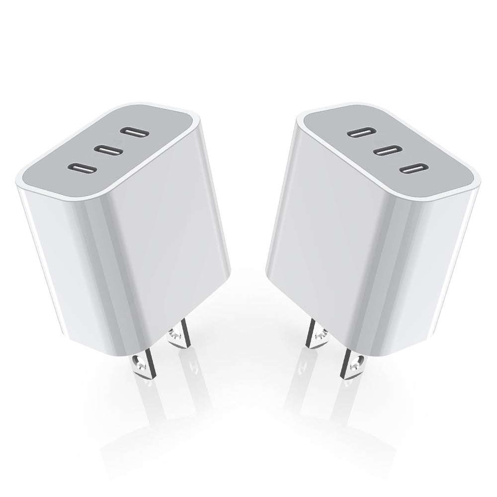 Nuinno two-pack iPhone charger block with three ports for fast charging on the go.