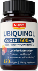 NUISM CoQ10 600mg softgels bottle on shelf for daily energy and heart health