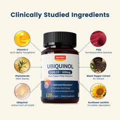 NUISM CoQ10 bottle pouring softgels for convenient daily supplementation