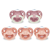 NUK First Choice Classic pacifier in orange and pink for 0-6 months supporting natural oral development.