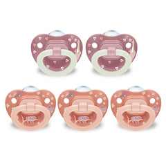 NUK First Choice Classic pacifier in orange and pink for 0-6 months supporting natural oral development.