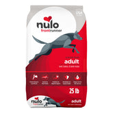 Nulo Frontrunner beef and barley dry dog food bag for balanced nutrition.