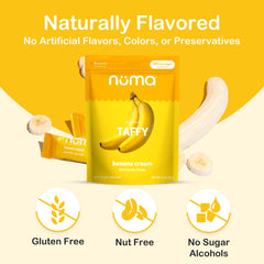 Chewy bite close-up showcases Numa Banana Taffy flavor.