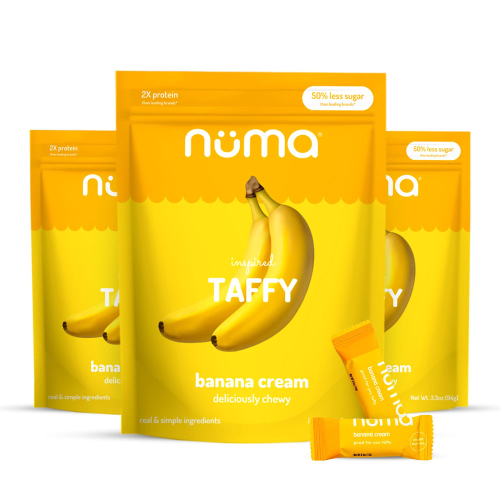 Numa Banana Taffy packaging emphasizes real ingredients for a cleaner candy option.