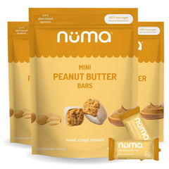 Numa Mini Peanut Butter Bars packaging highlights vegan, gluten-free snacks