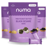 Numa Mini Peanut Butter Black Sesame Bar close-up highlights crunch and nutty finish.