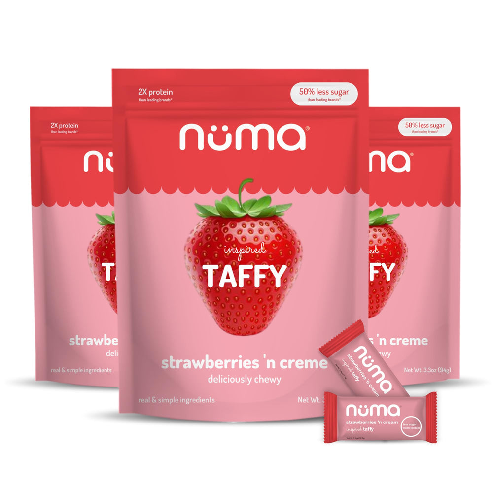 Numa Taffy Candy packaging highlights convenient on-the-go strawberry creme flavor.