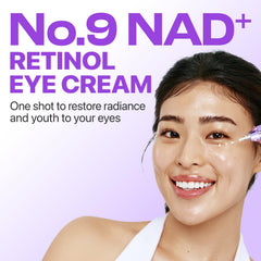 Numbuzin No.9 eye cream application under the eye for depuffing and brighter look.