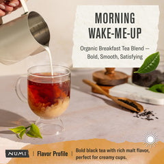 Numi Breakfast Blend tea bags ready for quick, full-leaf brewing.