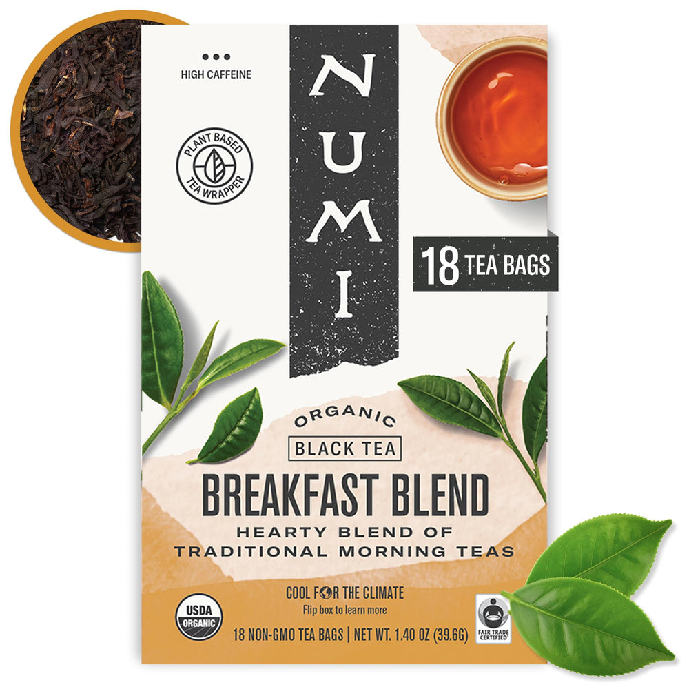 Numi Breakfast Blend tea box packaging showing organic blend and eco-friendly materials.