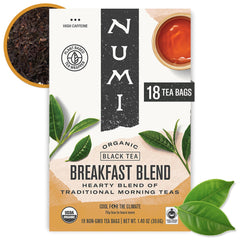 Numi Breakfast Blend tea box packaging showing organic blend and eco-friendly materials.