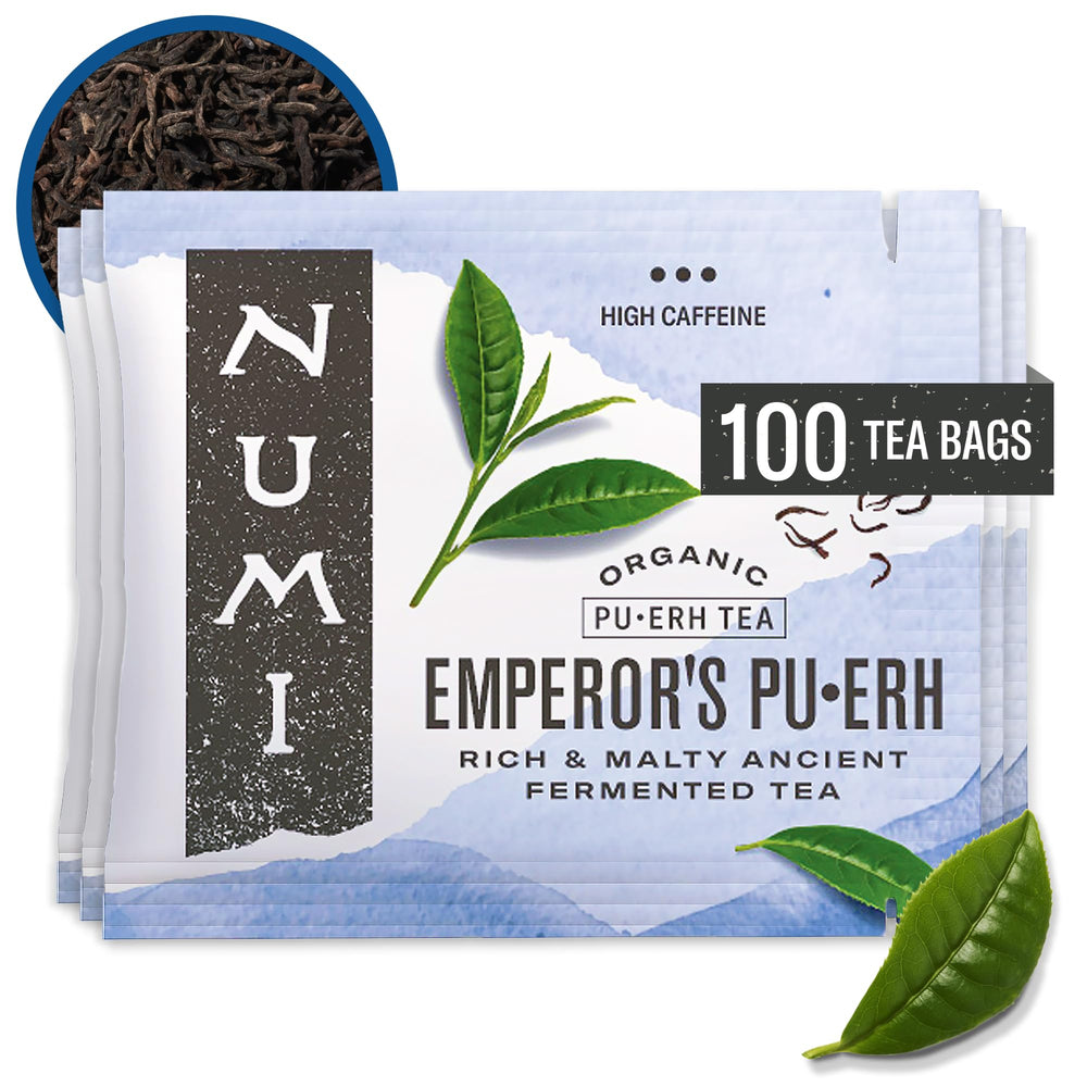 Numi Emperor's Pu-erh tea bags box for easy, bold brews.