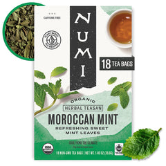 Numi Moroccan Mint Tea bags packaging showcases organic ingredients for a refreshing, caffeine-free experience.