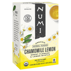 Numi Organic Chamomile Lemon Tea cup visual for calming, refreshing moments