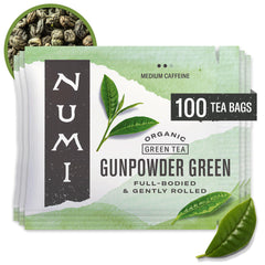 Numi Organic Gunpowder Tea bags closeup, showcasing bold flavor and eco-friendly packaging.