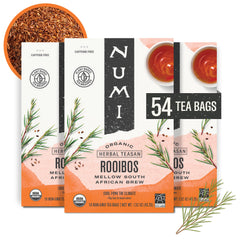 Numi Rooibos tea bags in a tin, offering caffeine-free comfort.