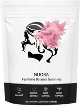 Nuora Feminine Balance Gummies bottle front shows pineapple flavor and packaging designed for daily wellness.