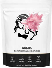 Nuora Feminine Balance Gummies bottle front shows pineapple flavor and packaging designed for daily wellness.