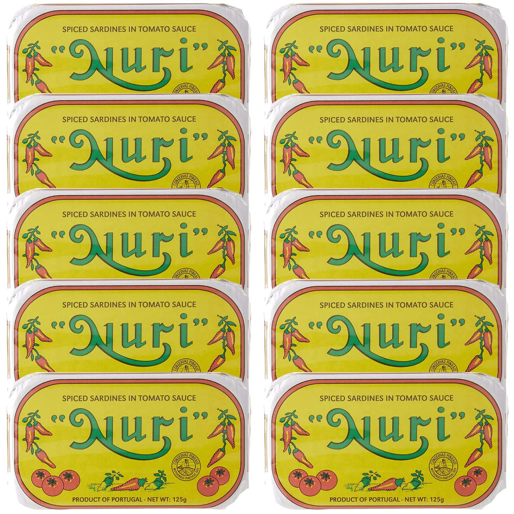 Nuri Portuguese Sardines in Spiced Tomato Sauce pack-front view emphasizes pantry-ready packaging