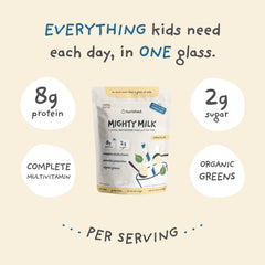 Nurished Vanilla Mighty Milk kids snacking moment, featuring convenient all-in-one nutrition.