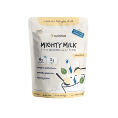Nurished Vanilla Mighty Milk tub closeup, showcasing kid-friendly protein support and natural ingredients.