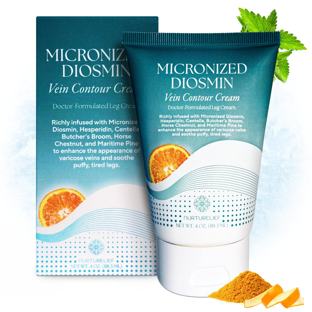 Nurturelief Micronized Diosmin Cream jar close-up showing cooling leg care benefits.