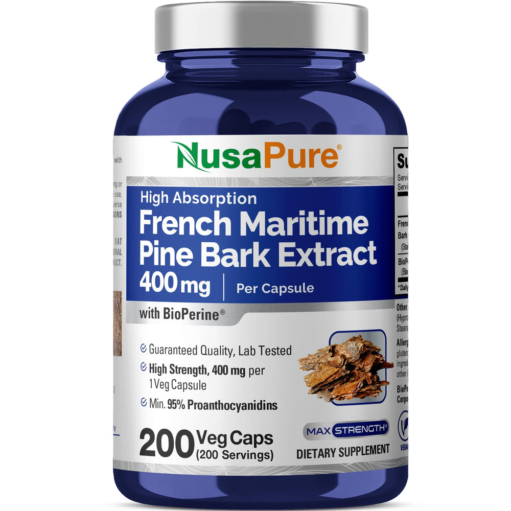 NusaPure pine bark bottle with 400 mg capsules for vegan daily use