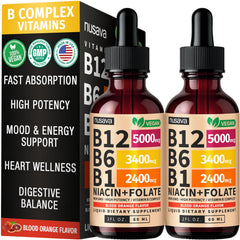 NUSAVA B12 drops bottle label highlights vegan, gluten-free formula for energy support.